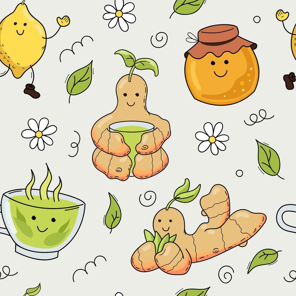 Seamless pattern. Green tea, lemon, honey and ginger. Cute cartoon illustrations. vector
