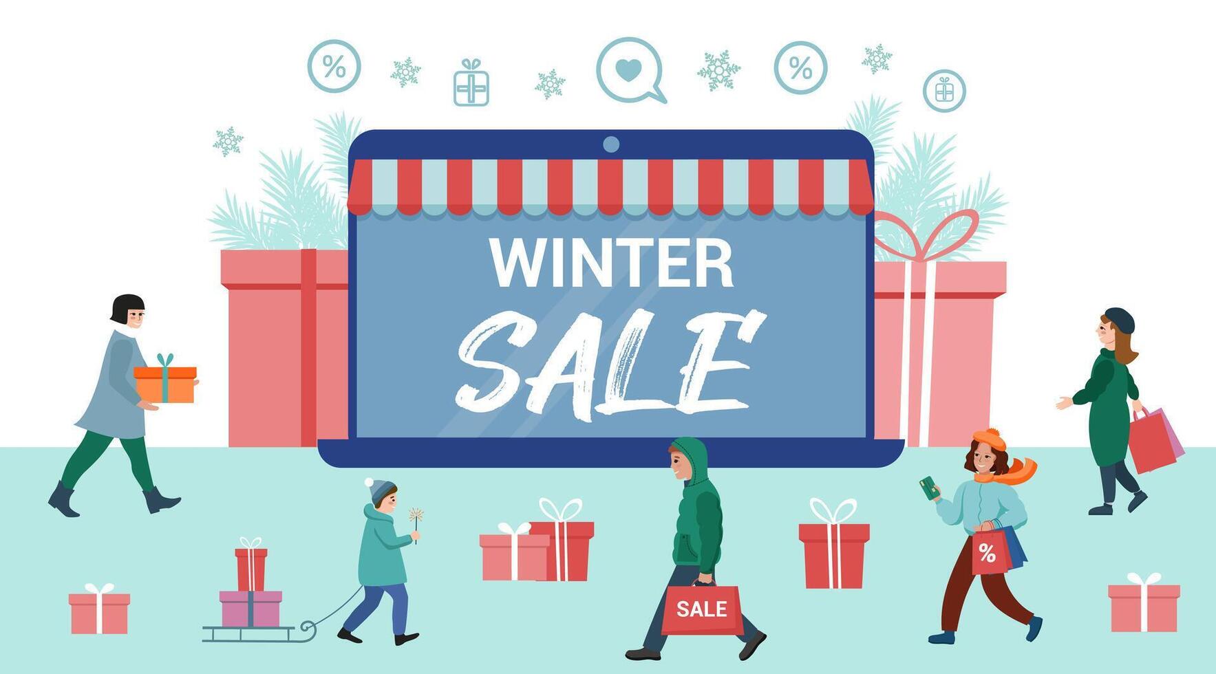 Christmas sale. Ready-made banner template. Happy people with shopping, holiday laptop, gifts, discounts. Winter shopping. vector