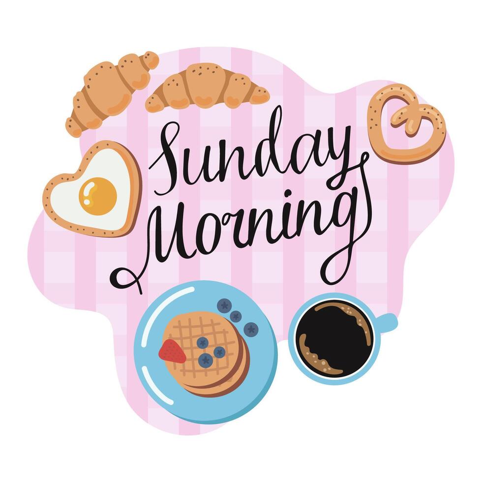 Composition Sunday morning breakfast. Lettering, coffee, croissants, eggs and waffles on pink tablecloth. vector