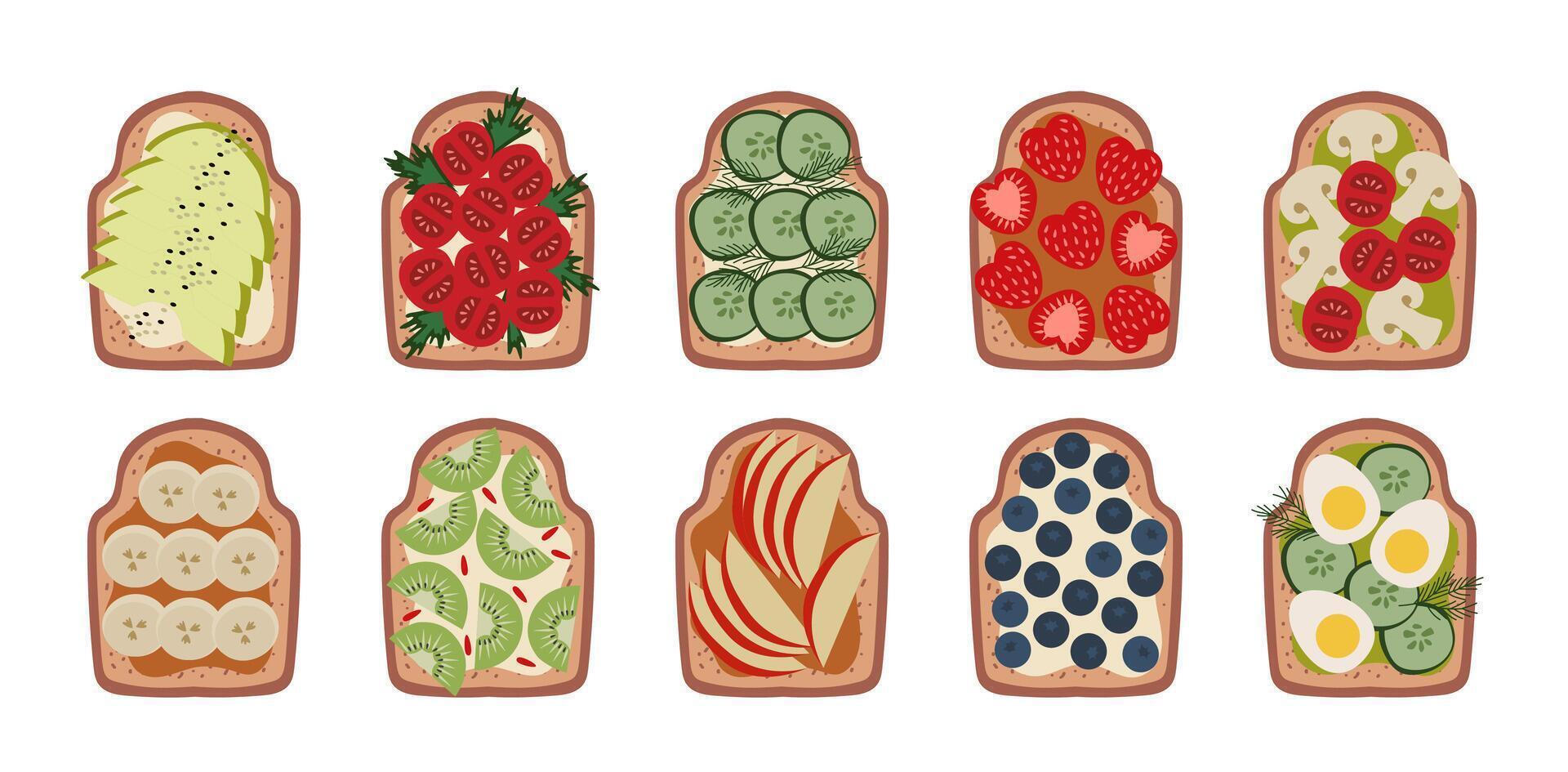 Breakfast sandwiches with different toppings. Recipes for healthy eating illustration. Set on white background. vector