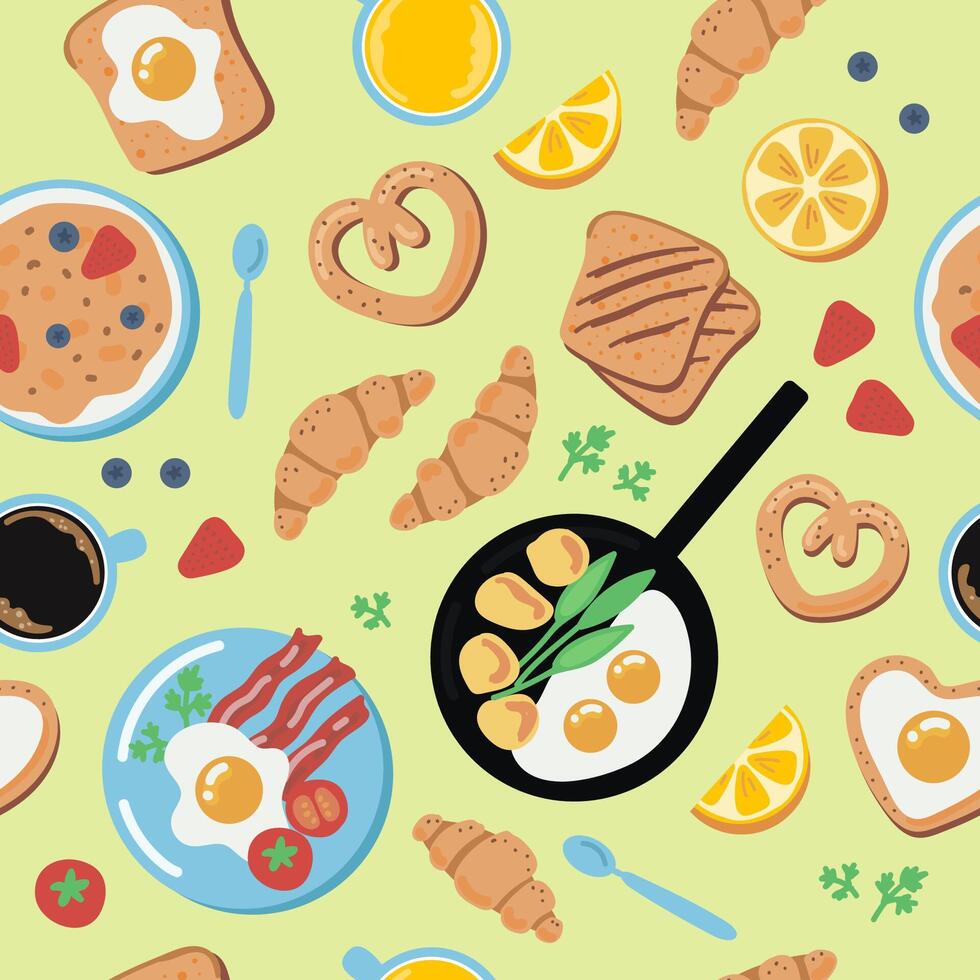 Seamless pattern breakfast scrambled eggs, coffee, croissants, bacon, orange juice. Illustration in cartoon style. vector