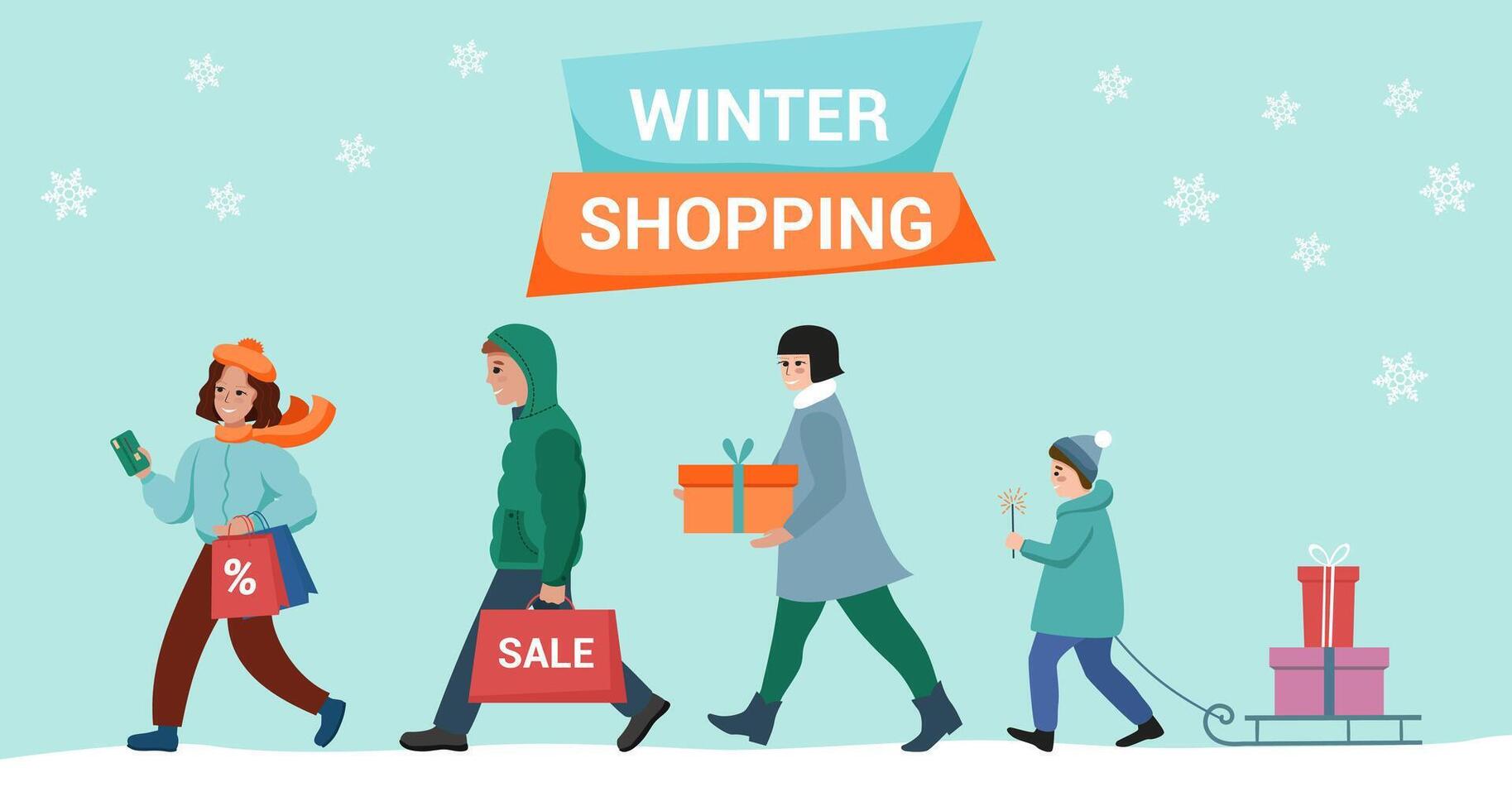 Winter shopping. Christmas sale. Happy people with packages and gifts rush to the store. Template for banner, leaflet, poster. vector