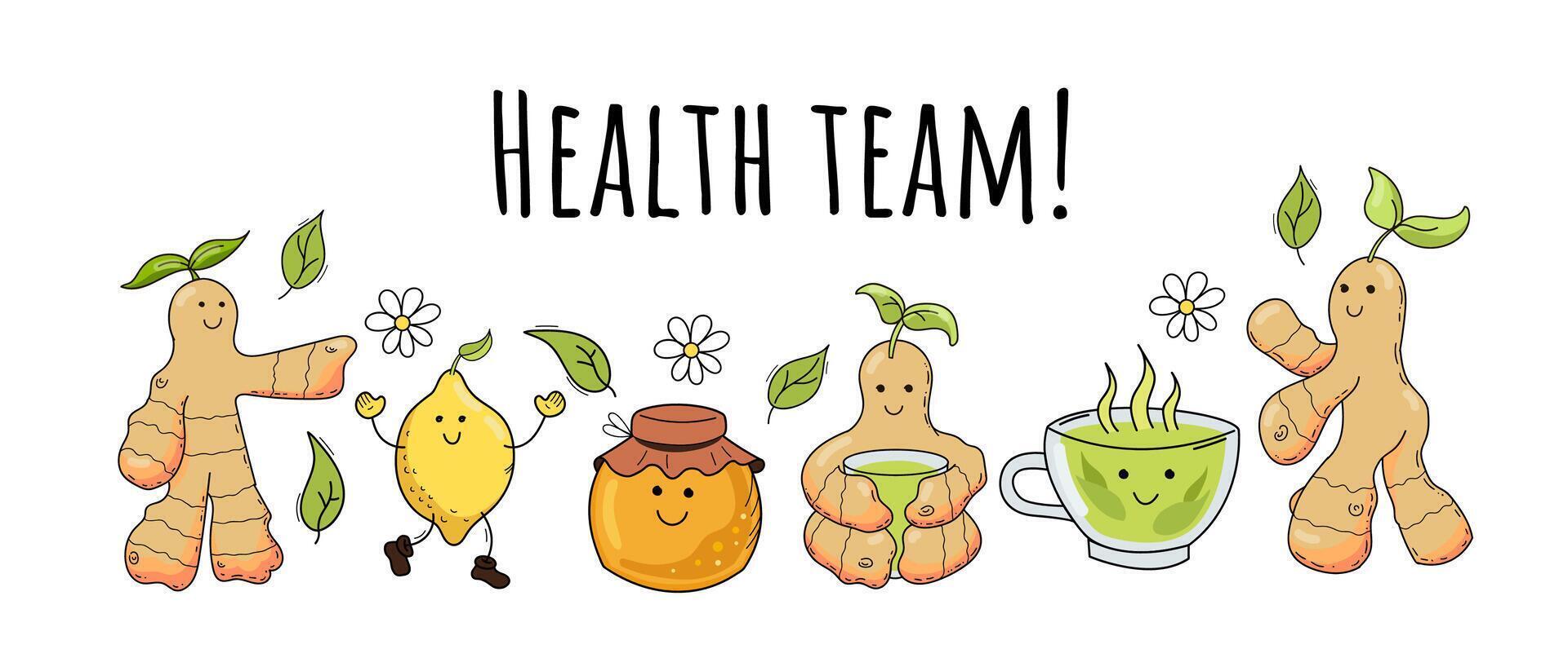 Health team - green tea, ginger, lemon, honey. Cute cartoon characters. vector