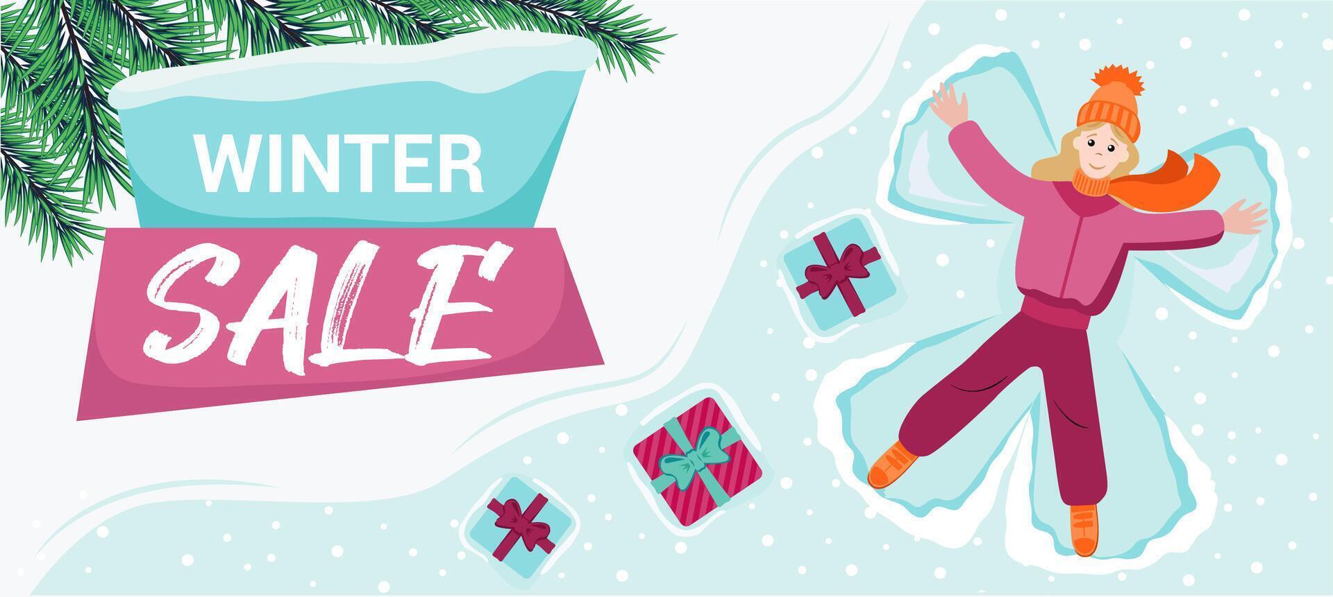 Winter Sale banner template. Woman in winter clothes makes snow angel. vector