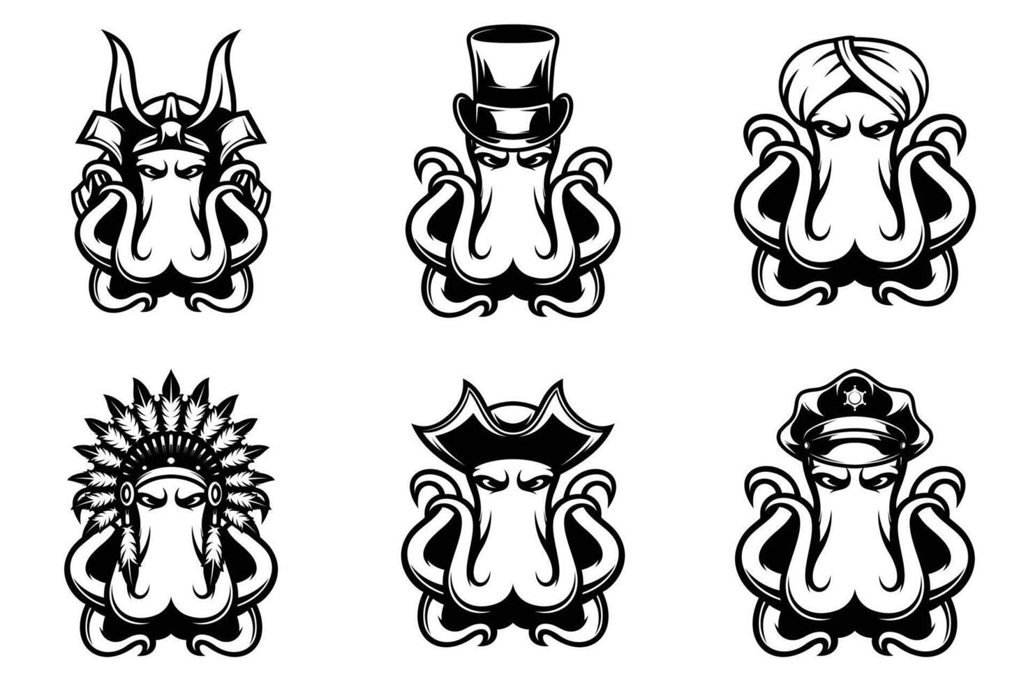 Octopus Heads Bundle Outline Version vector