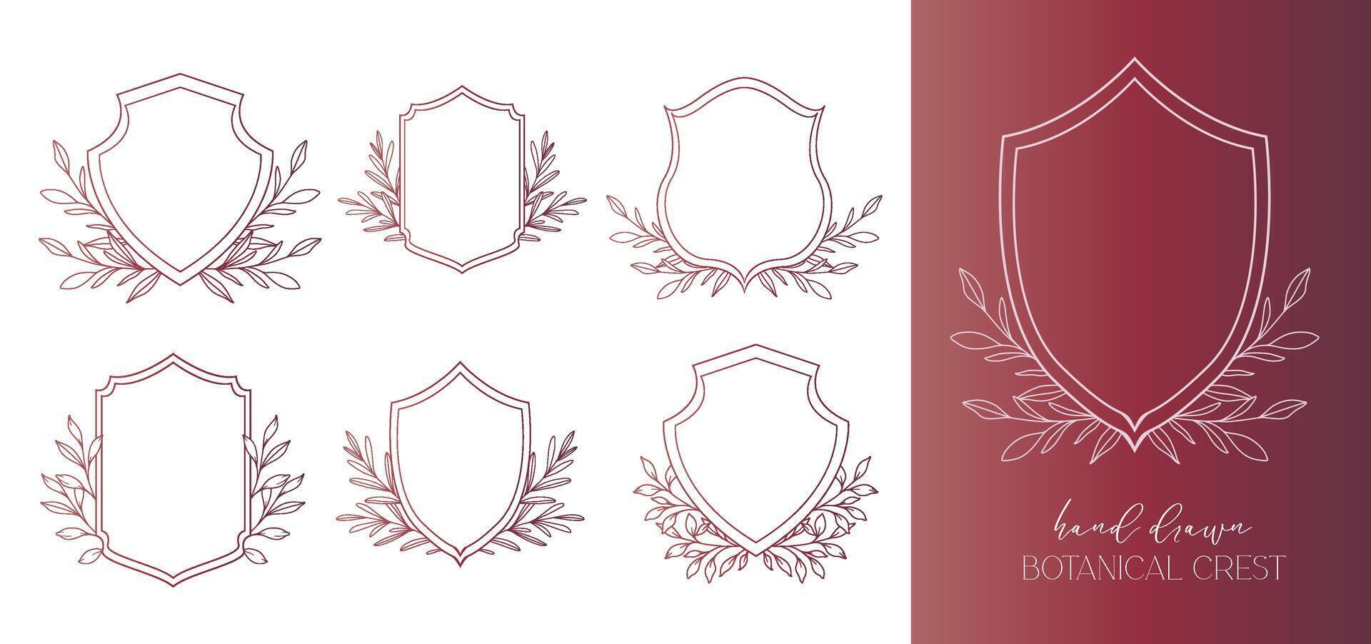 Wedding Crest floral Line Art Design. Botanical Crest Line Drawing. Greenery Line Art, Leaf and Branches Crest. Floral Frame line Art. Monogram Logo Crest vector