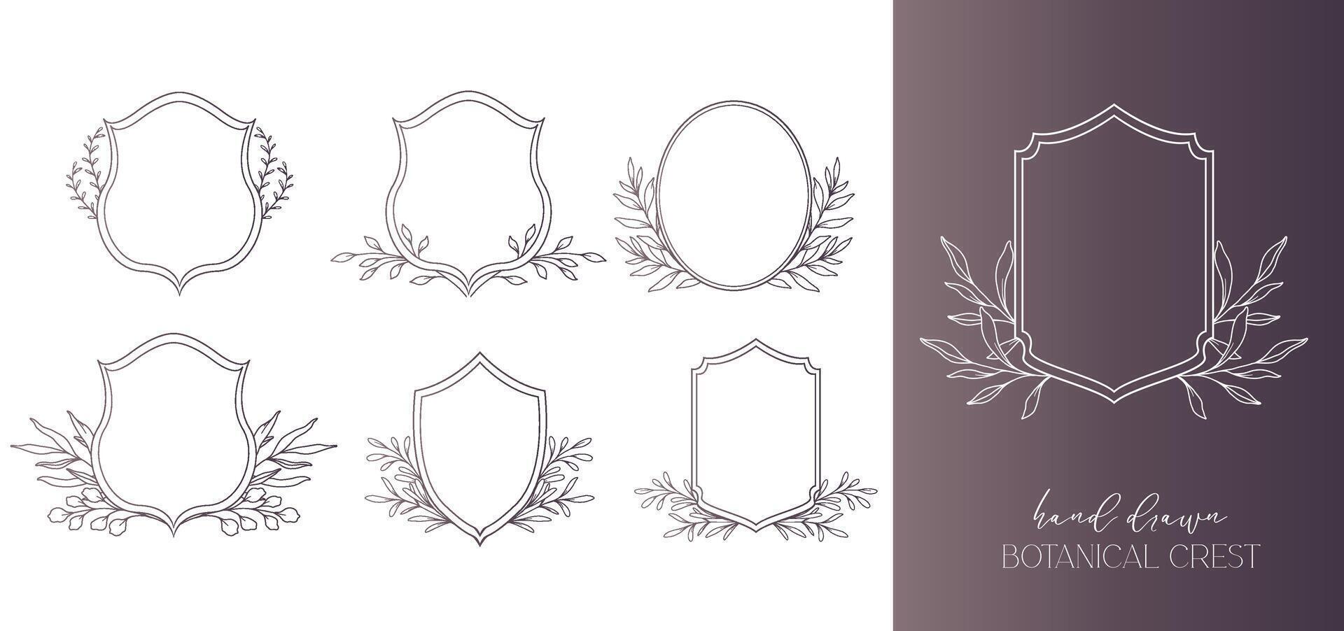 Wedding Crest floral Line Art Design. Botanical Crest Line Drawing. Greenery Line Art, Leaf and Branches Crest. Floral Frame line Art. Monogram Logo Crest vector