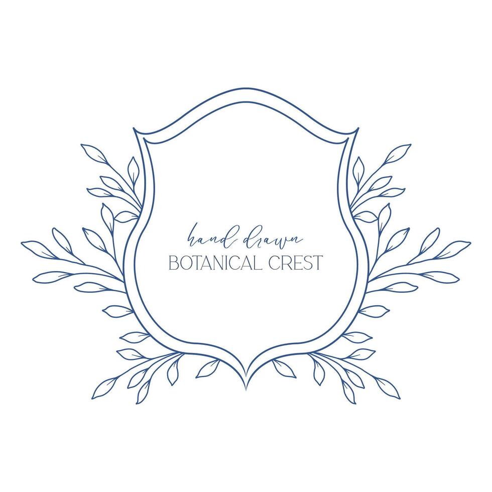 Wedding Crest floral Line Art Design. Botanical Crest Line Drawing. Greenery Line Art, Leaf and Branches Crest. Floral Frame line Art. Monogram Logo Crest vector