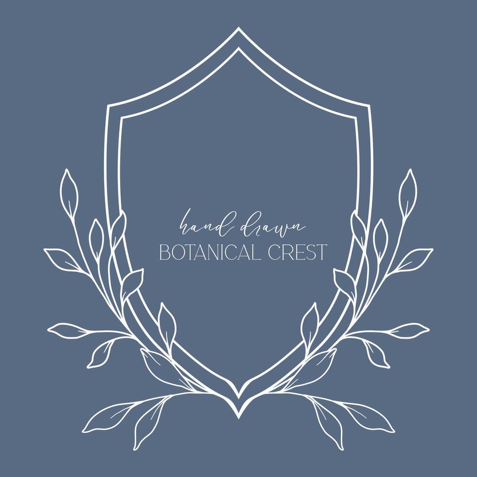Wedding Crest floral Line Art Design. Botanical Crest Line Drawing. Greenery Line Art, Leaf and Branches Crest. Floral Frame line Art. Monogram Logo Crest vector