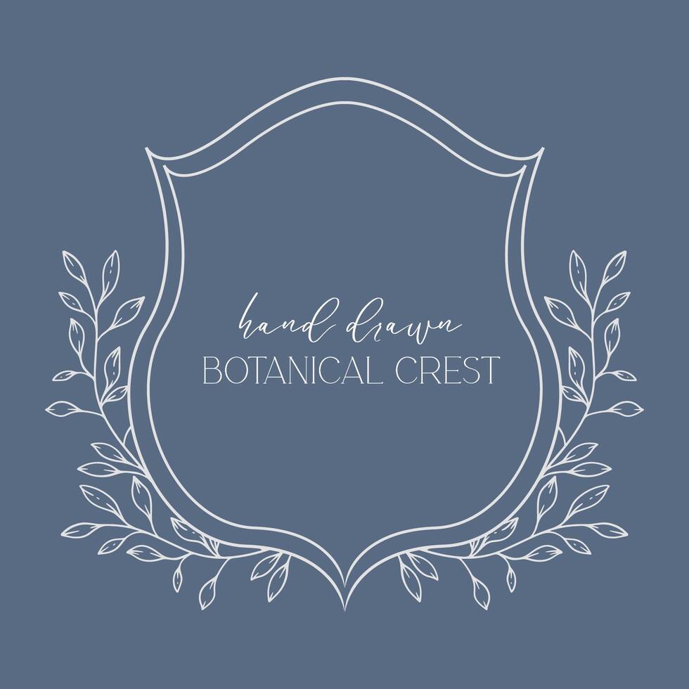 Wedding Crest floral Line Art Design. Botanical Crest Line Drawing. Greenery Line Art, Leaf and Branches Crest. Floral Frame line Art. Monogram Logo Crest vector