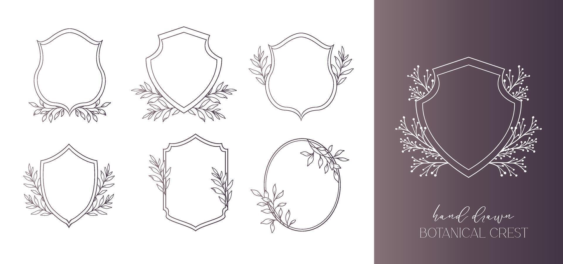 Wedding Crest floral Line Art Design. Botanical Crest Line Drawing. Greenery Line Art, Leaf and Branches Crest. Floral Frame line Art. Monogram Logo Crest vector