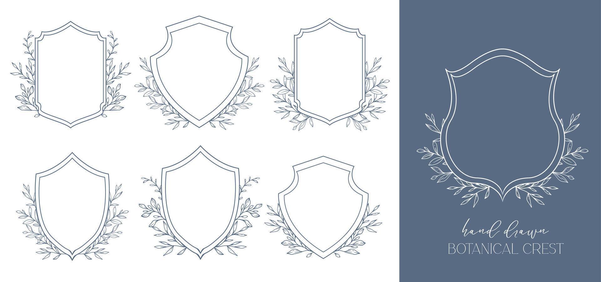 Wedding Crest floral Line Art Design. Botanical Crest Line Drawing. Greenery Line Art, Leaf and Branches Crest. Floral Frame line Art. Monogram Logo Crest vector
