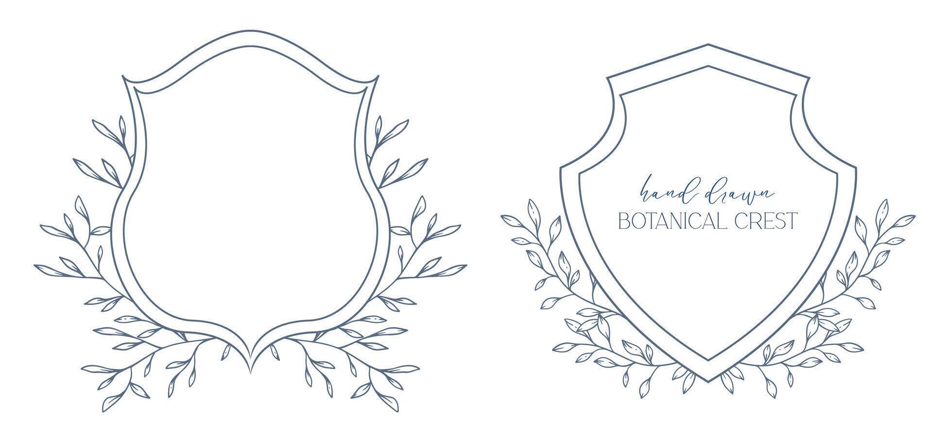 Wedding Crest floral Line Art Design. Botanical Crest Line Drawing. Greenery Line Art, Leaf and Branches Crest. Floral Frame line Art. Monogram Logo Crest vector