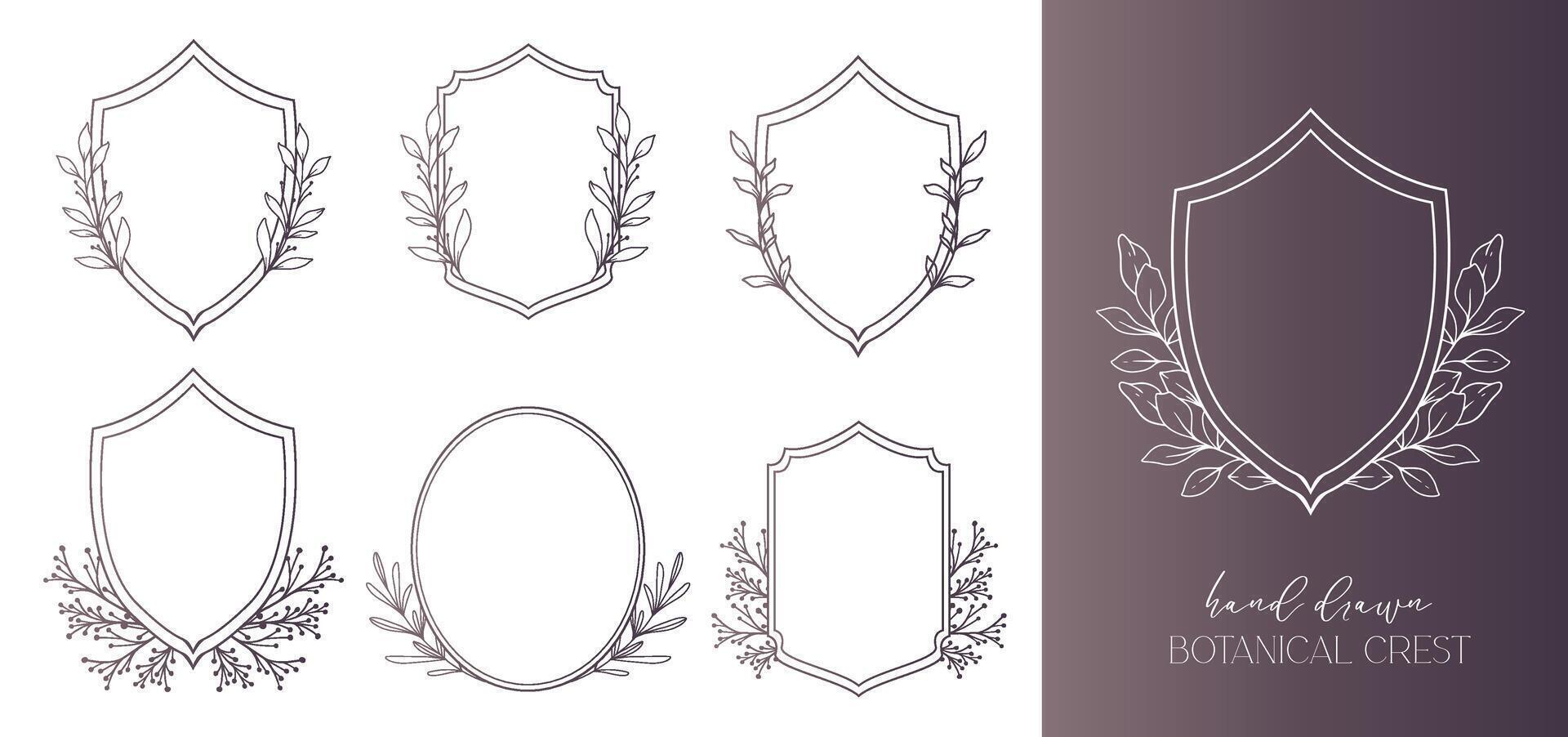 Wedding Crest floral Line Art Design. Botanical Crest Line Drawing. Greenery Line Art, Leaf and Branches Crest. Floral Frame line Art. Monogram Logo Crest vector