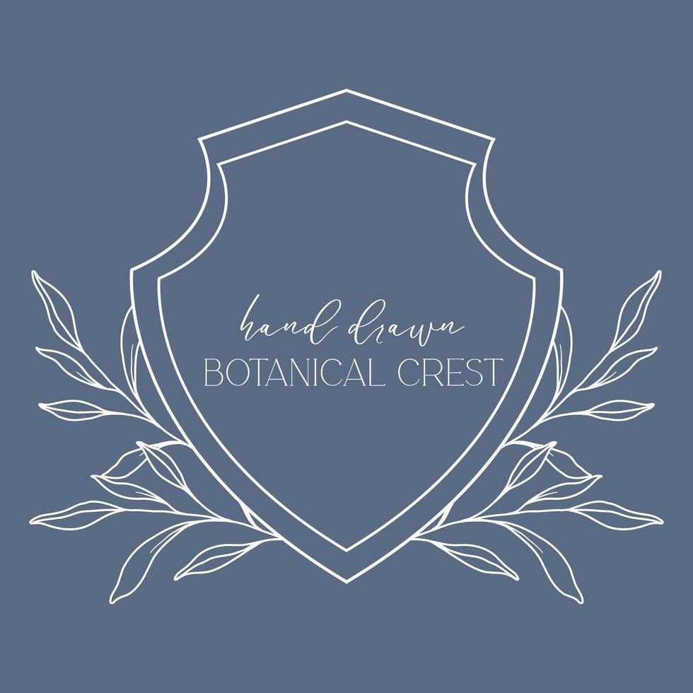 Wedding Crest floral Line Art Design. Botanical Crest Line Drawing. Greenery Line Art, Leaf and Branches Crest. Floral Frame line Art. Monogram Logo Crest vector