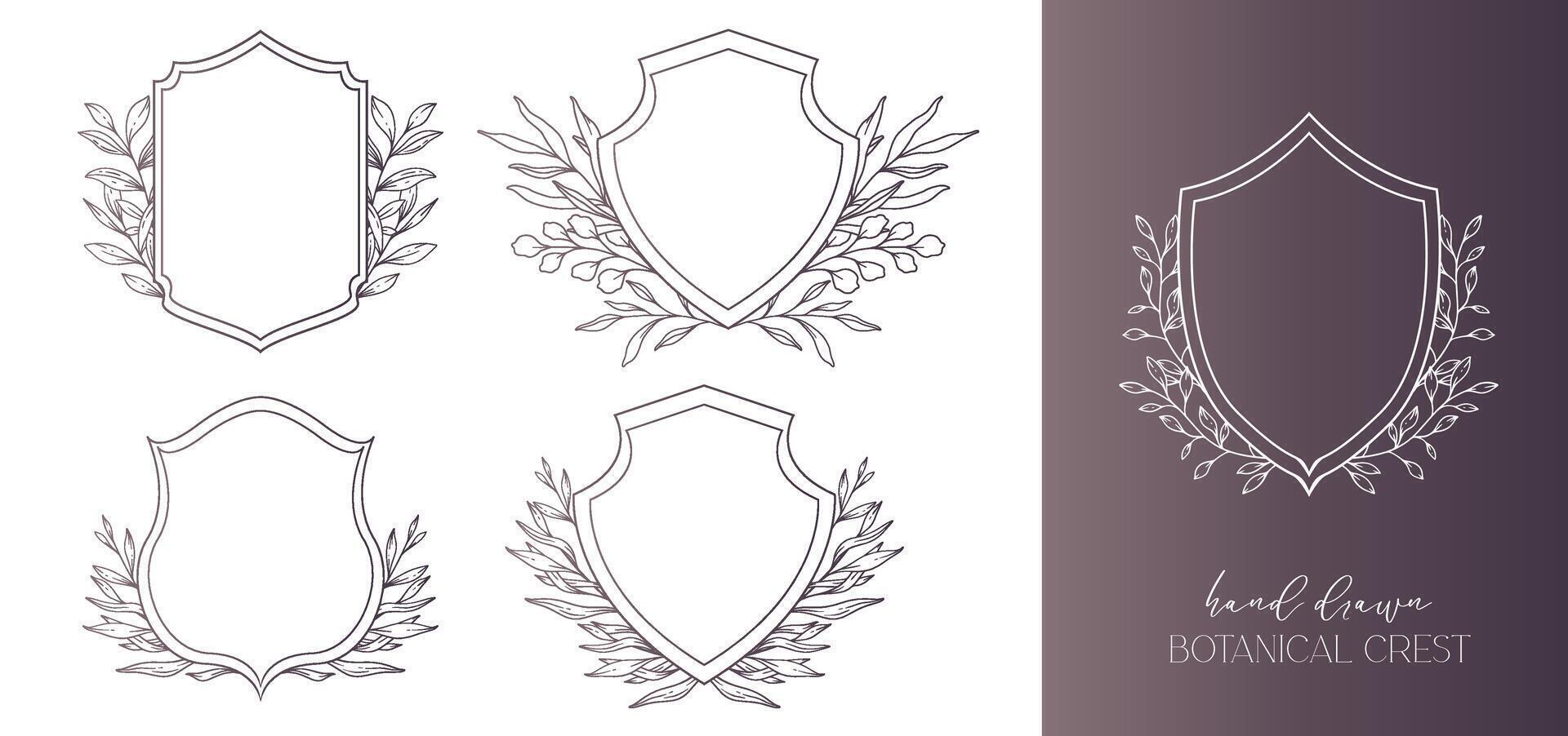 Wedding Crest floral Line Art Design. Botanical Crest Line Drawing. Greenery Line Art, Leaf and Branches Crest. Floral Frame line Art. Monogram Logo Crest vector