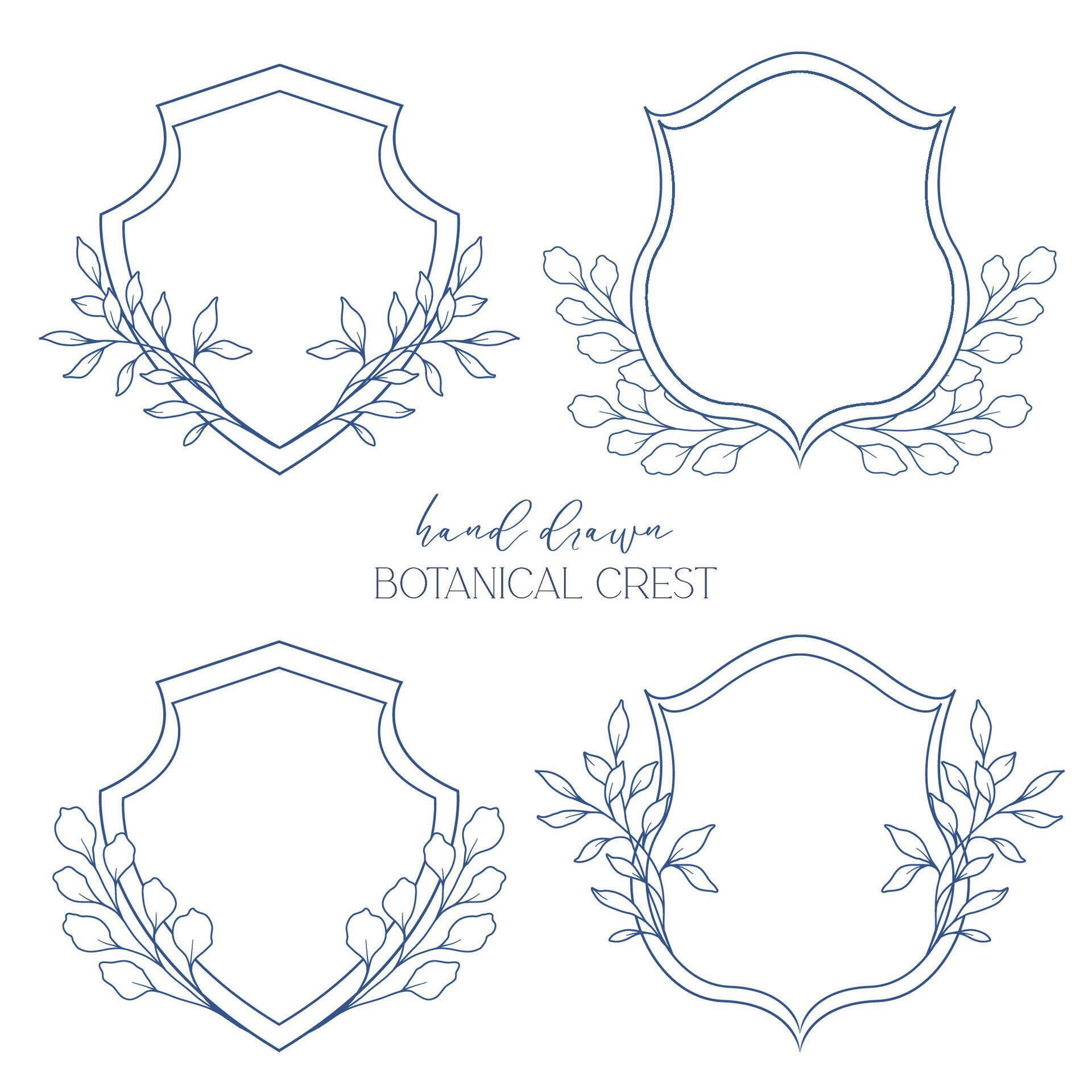 Wedding Crest floral Line Art Design. Botanical Crest Line Drawing ...