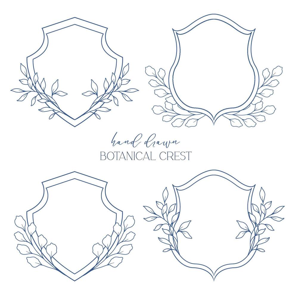 Wedding Crest floral Line Art Design. Botanical Crest Line Drawing. Greenery Line Art, Leaf and Branches Crest. Floral Frame line Art. Monogram Logo Crest vector