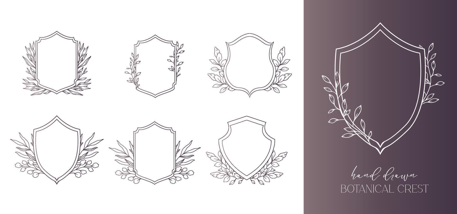 Wedding Crest floral Line Art Design. Botanical Crest Line Drawing. Greenery Line Art, Leaf and Branches Crest. Floral Frame line Art. Monogram Logo Crest vector