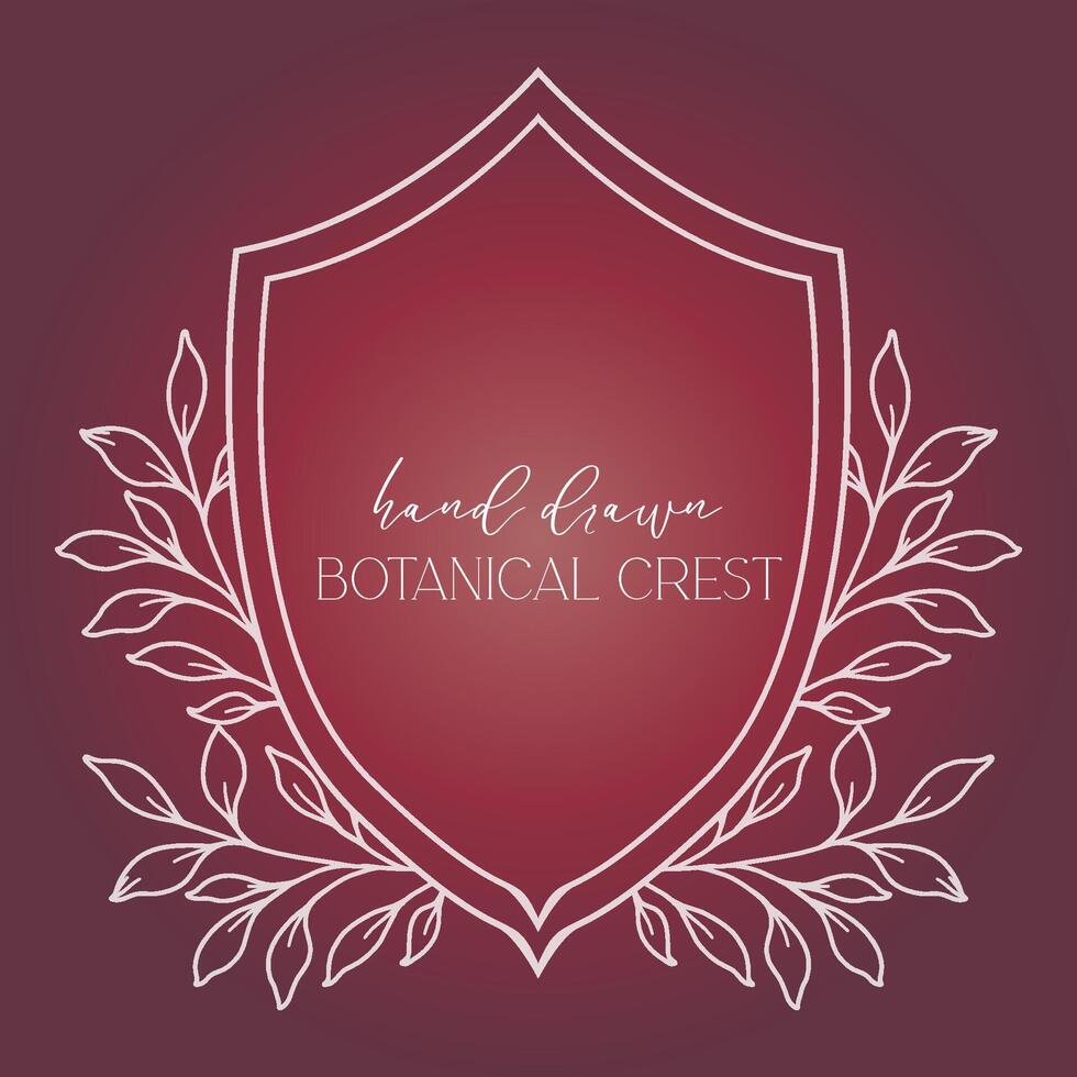 Wedding Crest floral Line Art Design. Botanical Crest Line Drawing. Greenery Line Art, Leaf and Branches Crest. Floral Frame line Art. Monogram Logo Crest vector