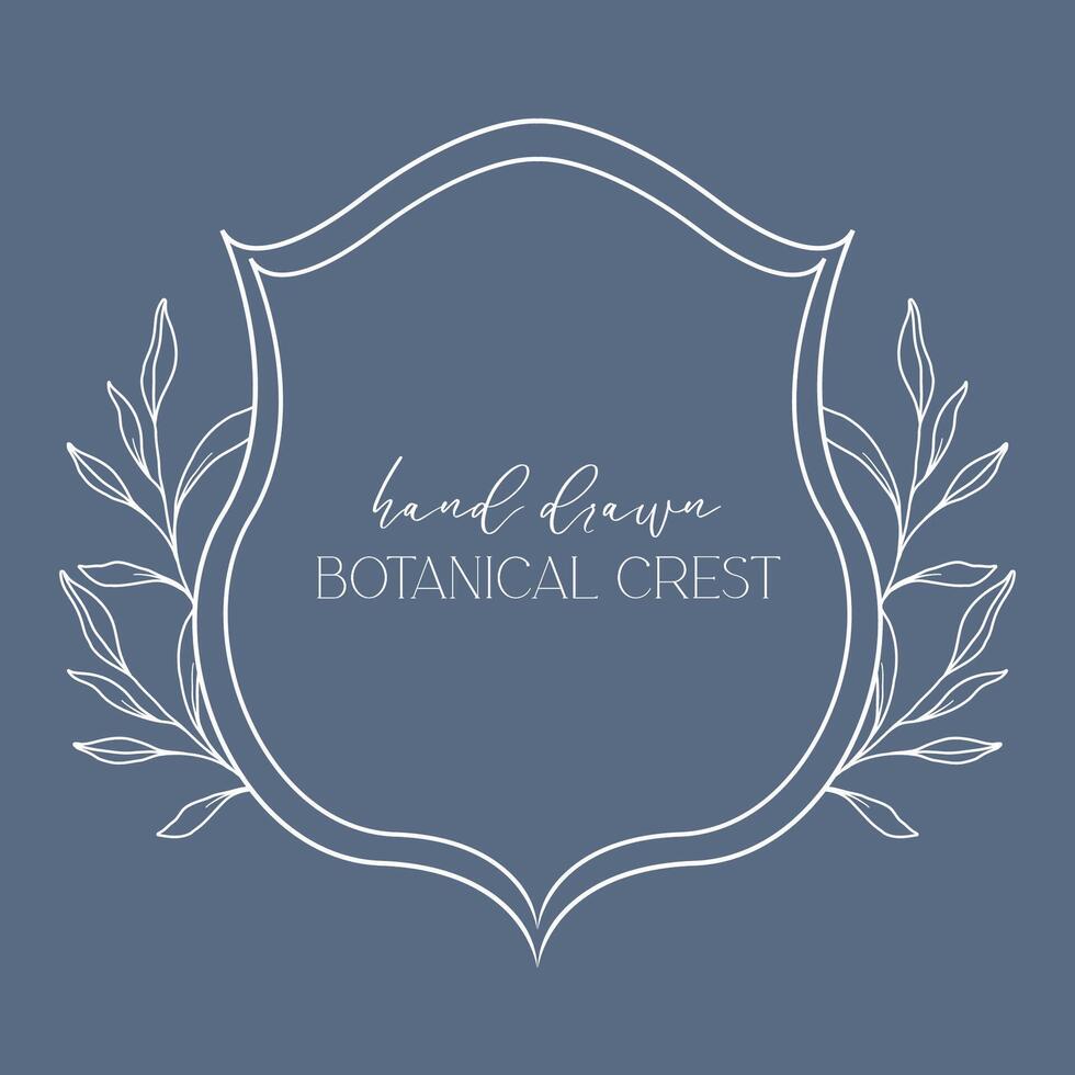 Wedding Crest floral Line Art Design. Botanical Crest Line Drawing. Greenery Line Art, Leaf and Branches Crest. Floral Frame line Art. Monogram Logo Crest vector