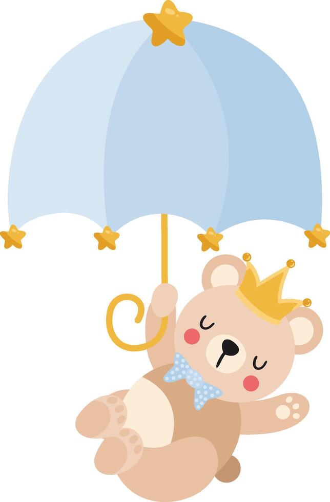 Cute baby teddy bear prince flying with a blue umbrella vector
