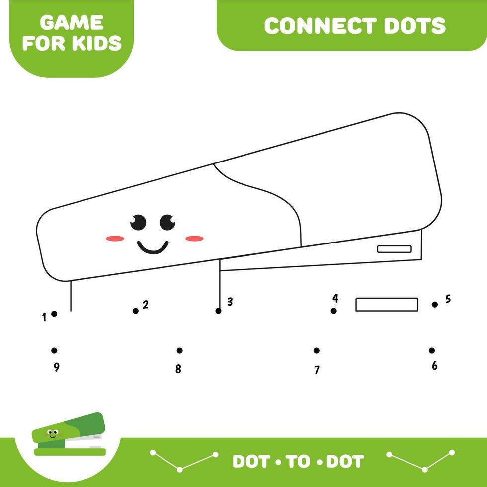 Dot to dot stapler educational game for preschool kids. Activity worksheet. Handwriting practice vector