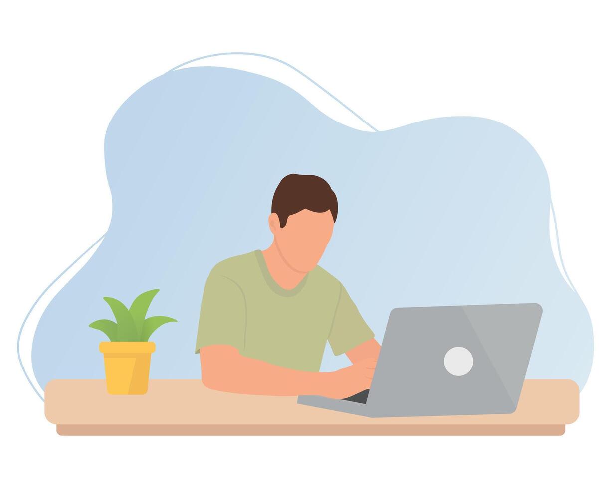 Man is working at the desktop with a laptop. Freelance, online education, web surfing or office worker. vector