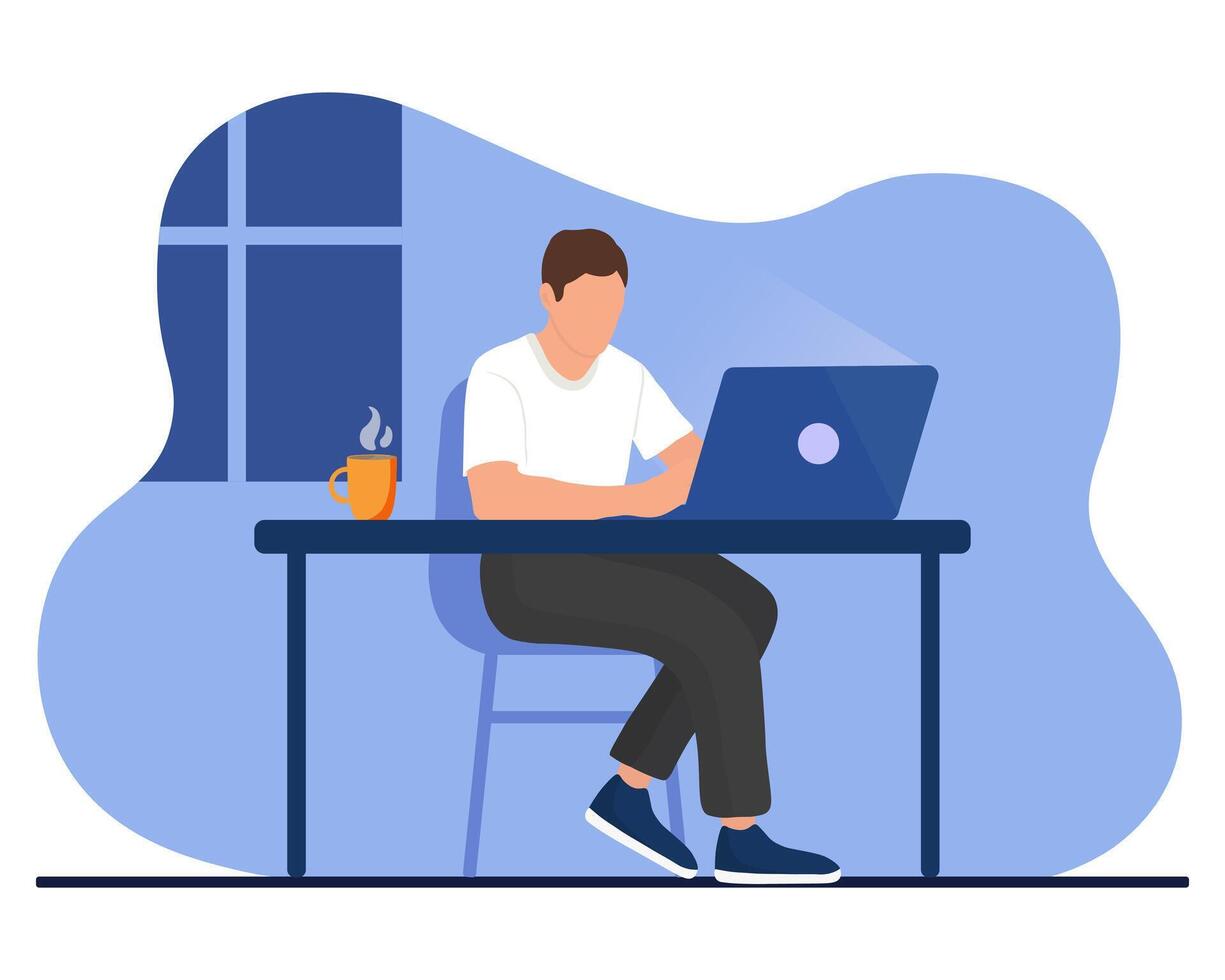 Man is working at the desktop with a laptop. Freelance, online education, web surfing or office worker. vector