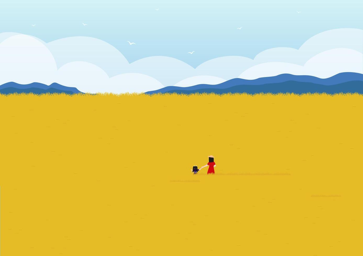 country rural landscape scene with wheat field. Mother and daughter walking through wheat field vector
