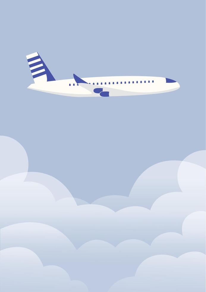 Plane flying in the sky among big cumulus clouds poster. simple flat illustration vector