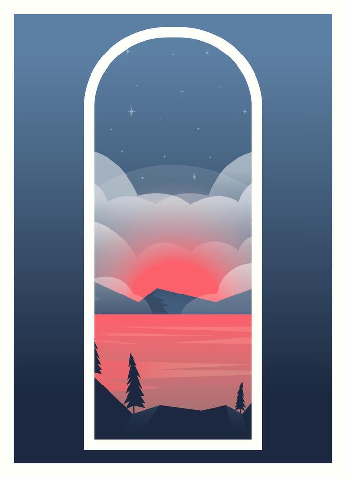 Aesthetic cloudy blue mountains sunrise landscape view. Morning panorama with forest near lake vector