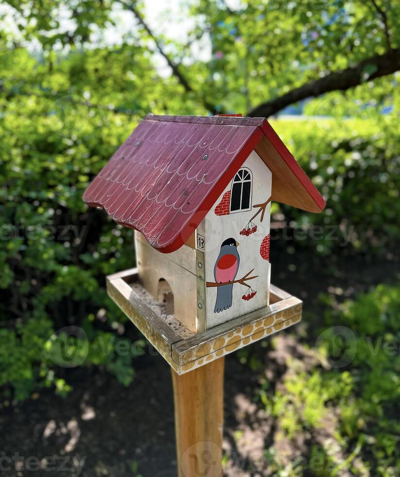 A hand-painted birdhouse with a vibrant red roof and illustrations of birds, perched outdoors with a lush green background photo