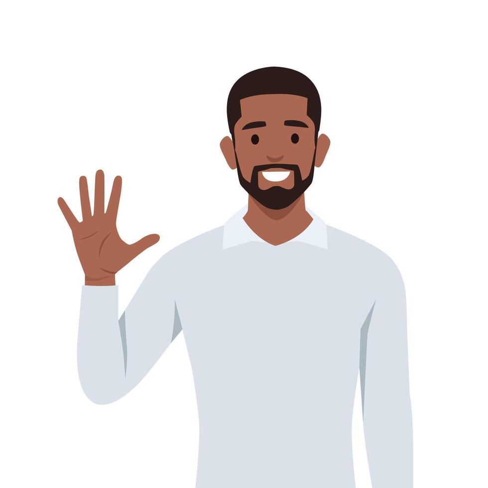 Young black man Character raise his hand to show the count number 5. vector