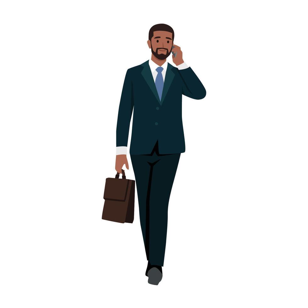 Young black businessman walk with cellphone talking and holding briefcase. vector