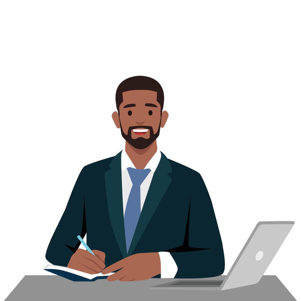 Young black man sit at desk working on laptop making notes on paper. vector