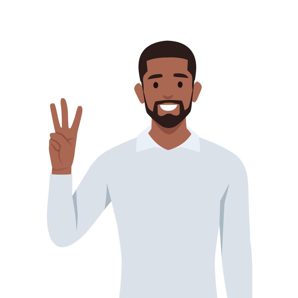Young black man Character raise his hand to show the count number 3. vector