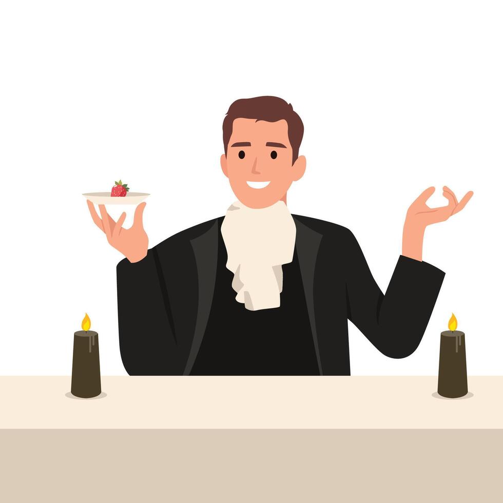 Royal dinner scene. Man with royal suit and strawberry. vector