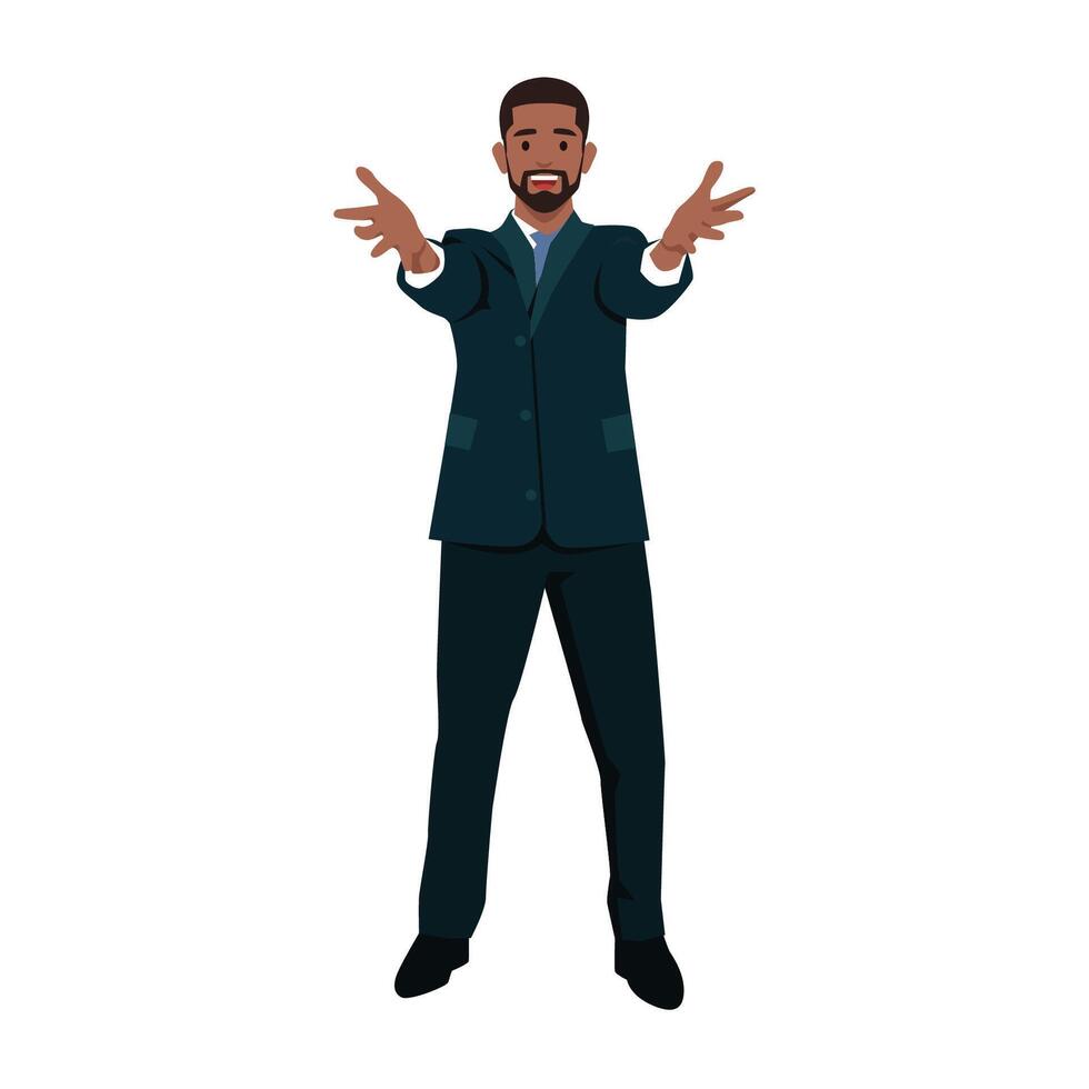 You are welcome Cheerful black business man gesturing welcome sign and smiling amazed. vector