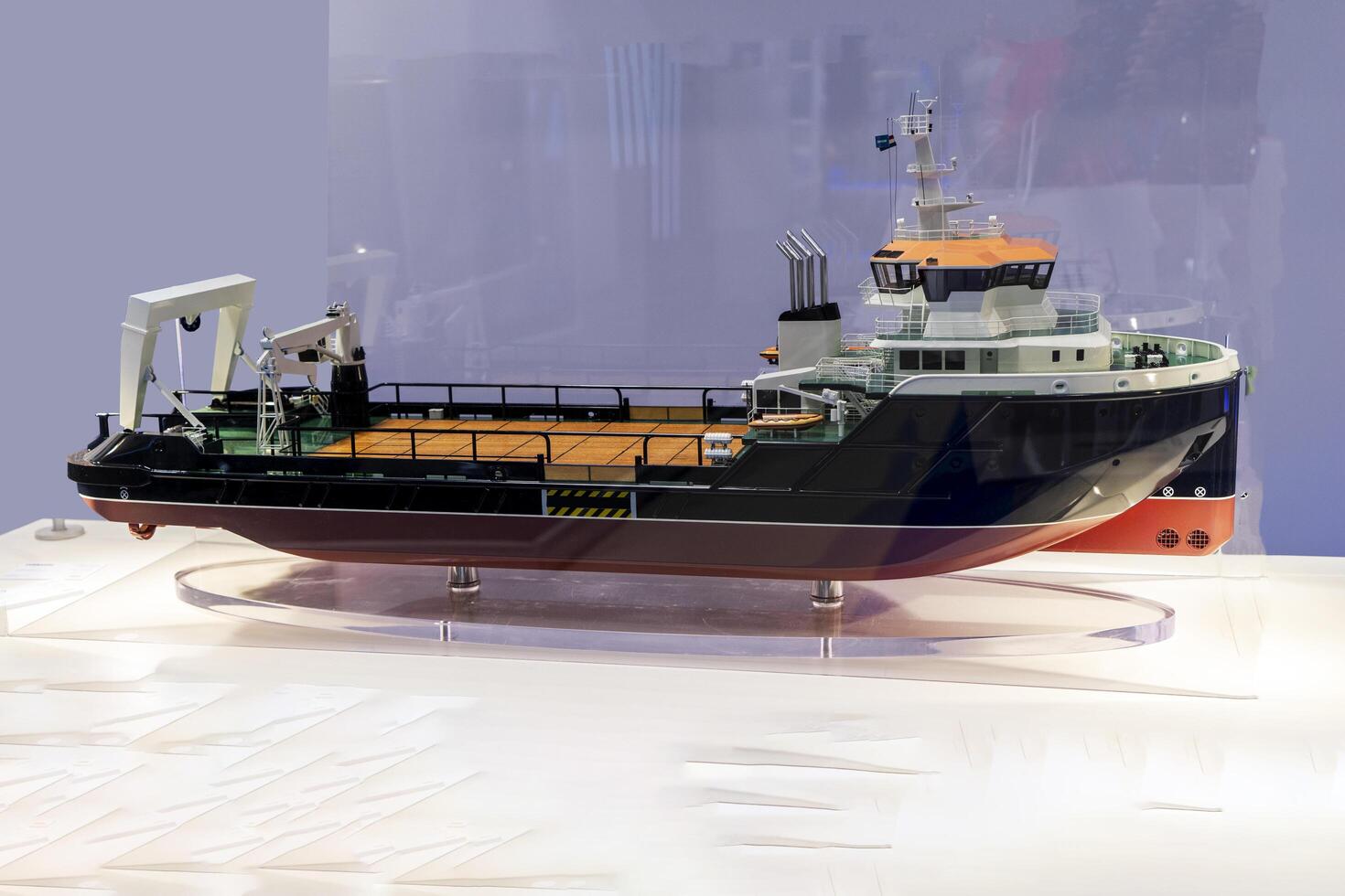 BAKU, AZERBAIJAN - JUNE 03, 2023 . Various ships, bulk carriers, for the transportation of oil, gas, construction materials for the oil and gas industry at the exhibition. photo