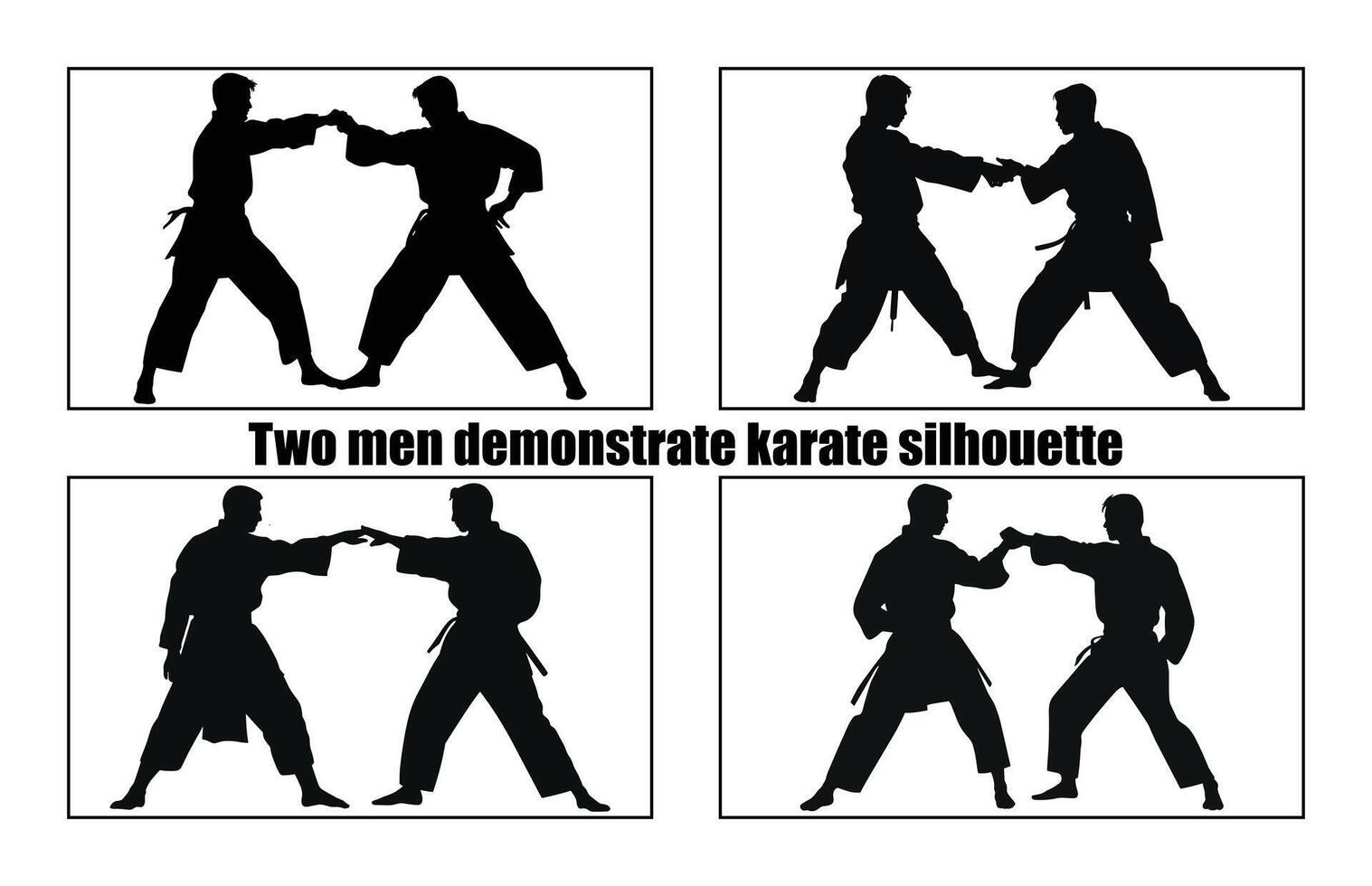 Two men demonstrate karate silhouette set, Fight between two aikido fighters vector