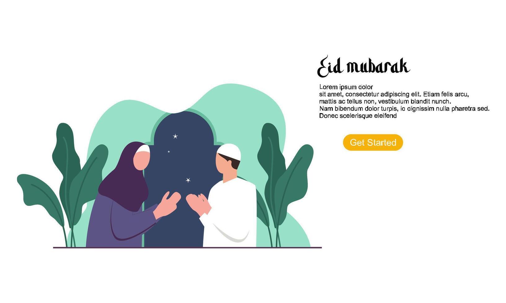 Happy eid mubarak or ramadan greeting with people character vector