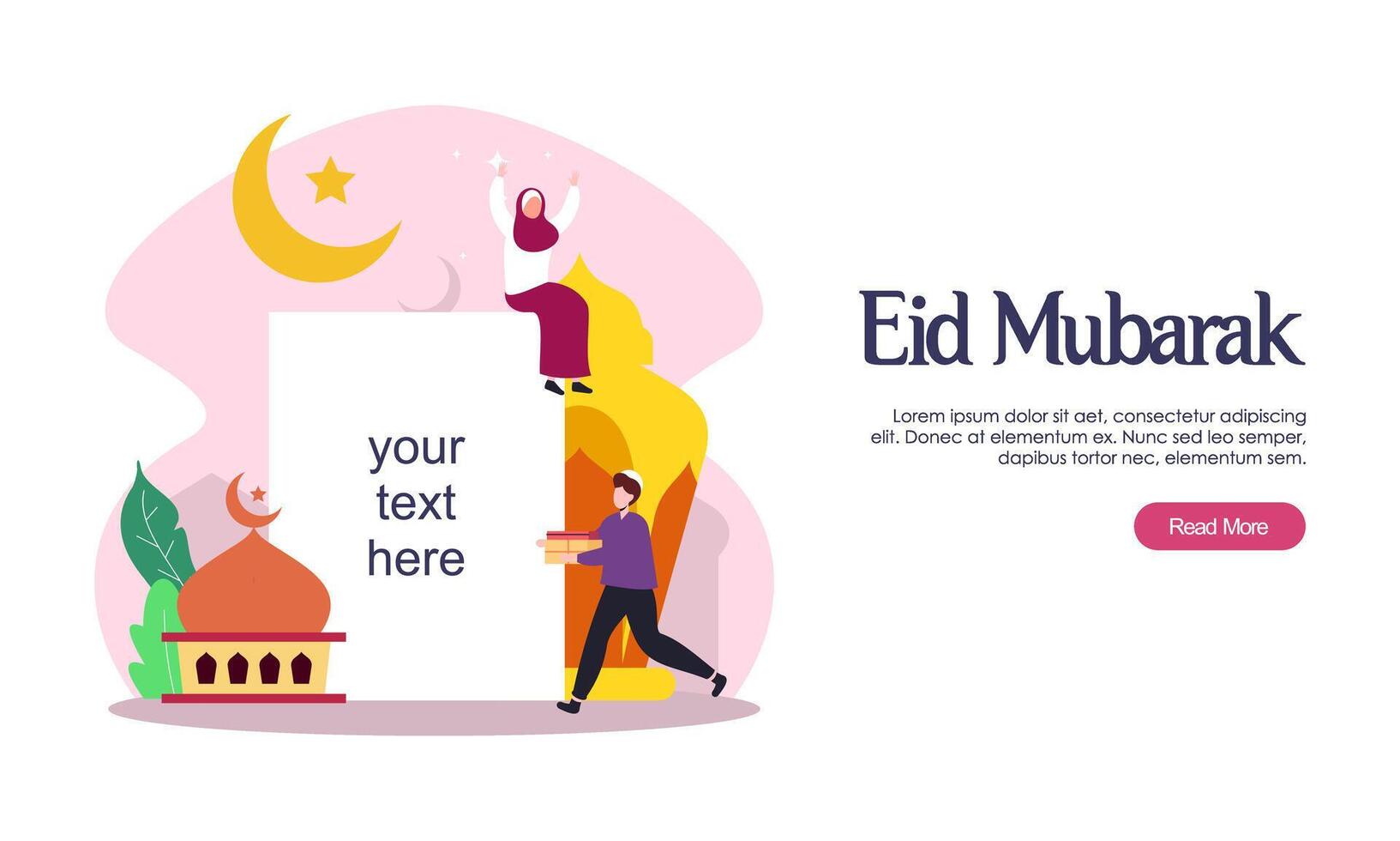 feliz saludo de eid mubarak o ramadán con carácter de personas vector