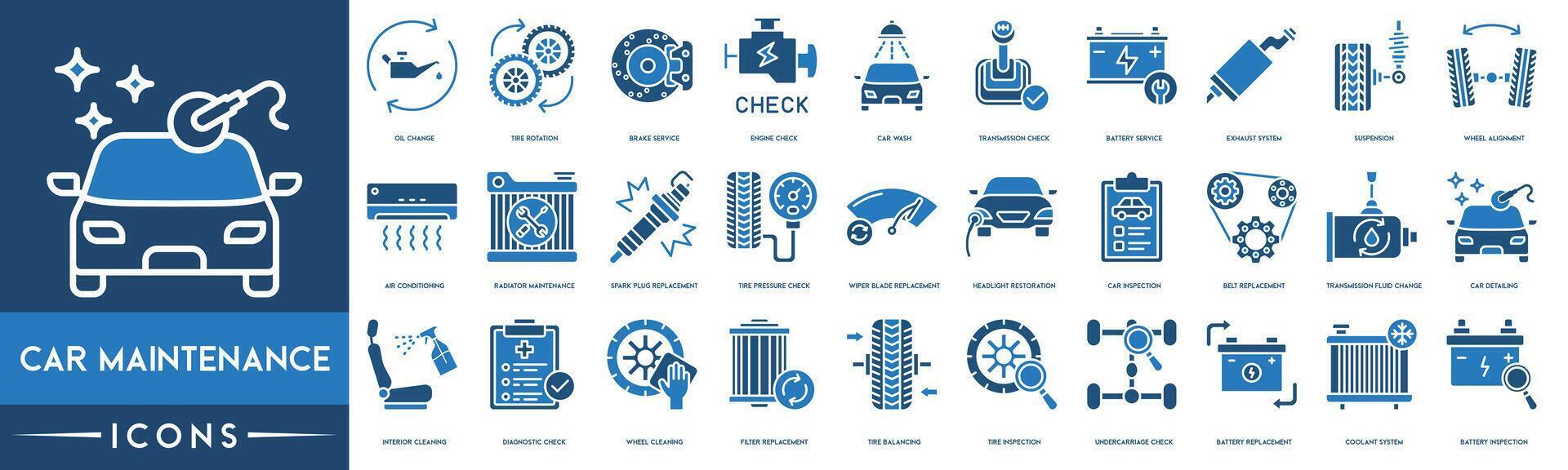 Car Maintenance, Oil Change, Tire Rotation, Brake Service, Engine Check, Car Wash, Transmission Check, Battery Service thin line web icon set. Outline icons collection. vector