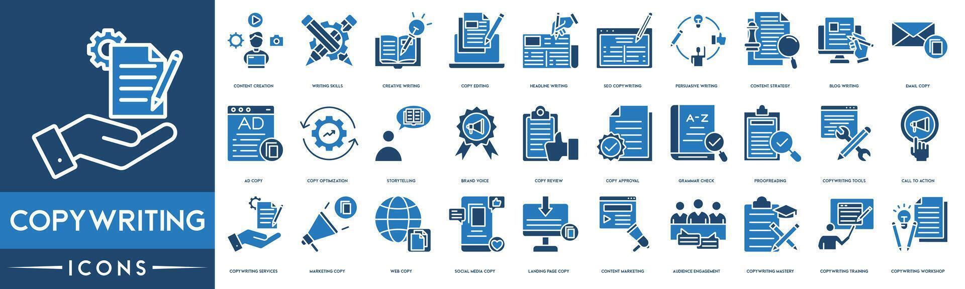 Copywriting icon. Content Creation, Writing Skills, Creative Writing, Copy Editing, Headline Writing, SEO Copywriting, Persuasive Writing, Content Strategy line web icon set. Outline icons collection. vector