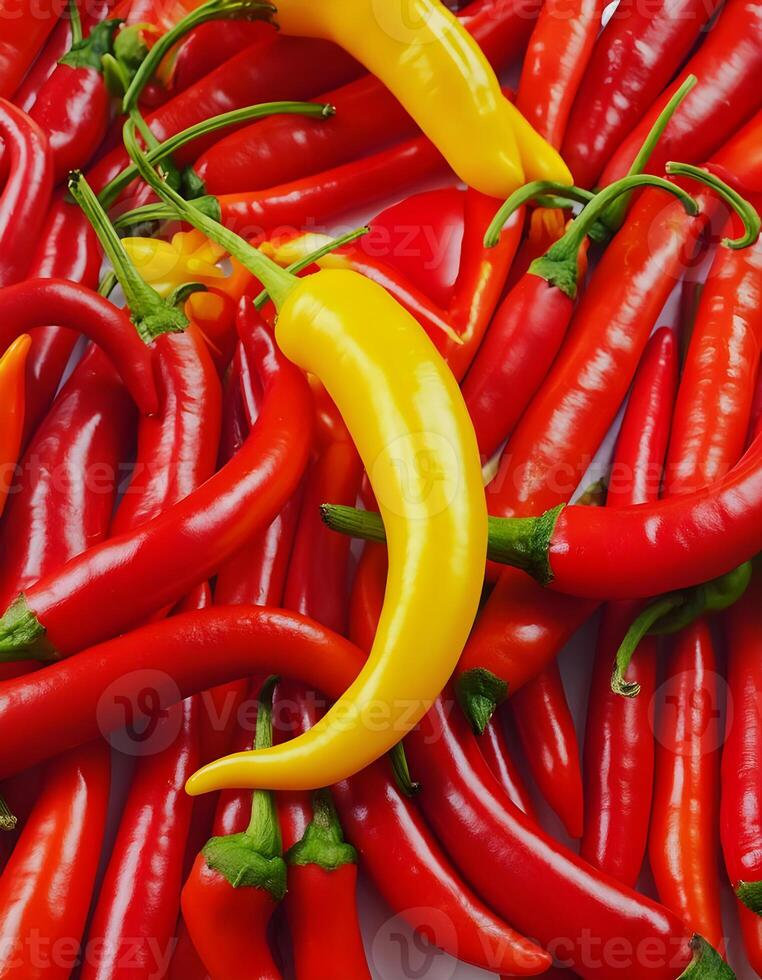 Single Yellow Chili Among Red Chili Background photo