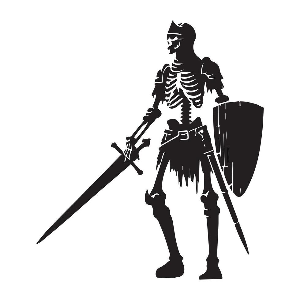 Knight skeleton with a sword and shield silhouette on white background vector