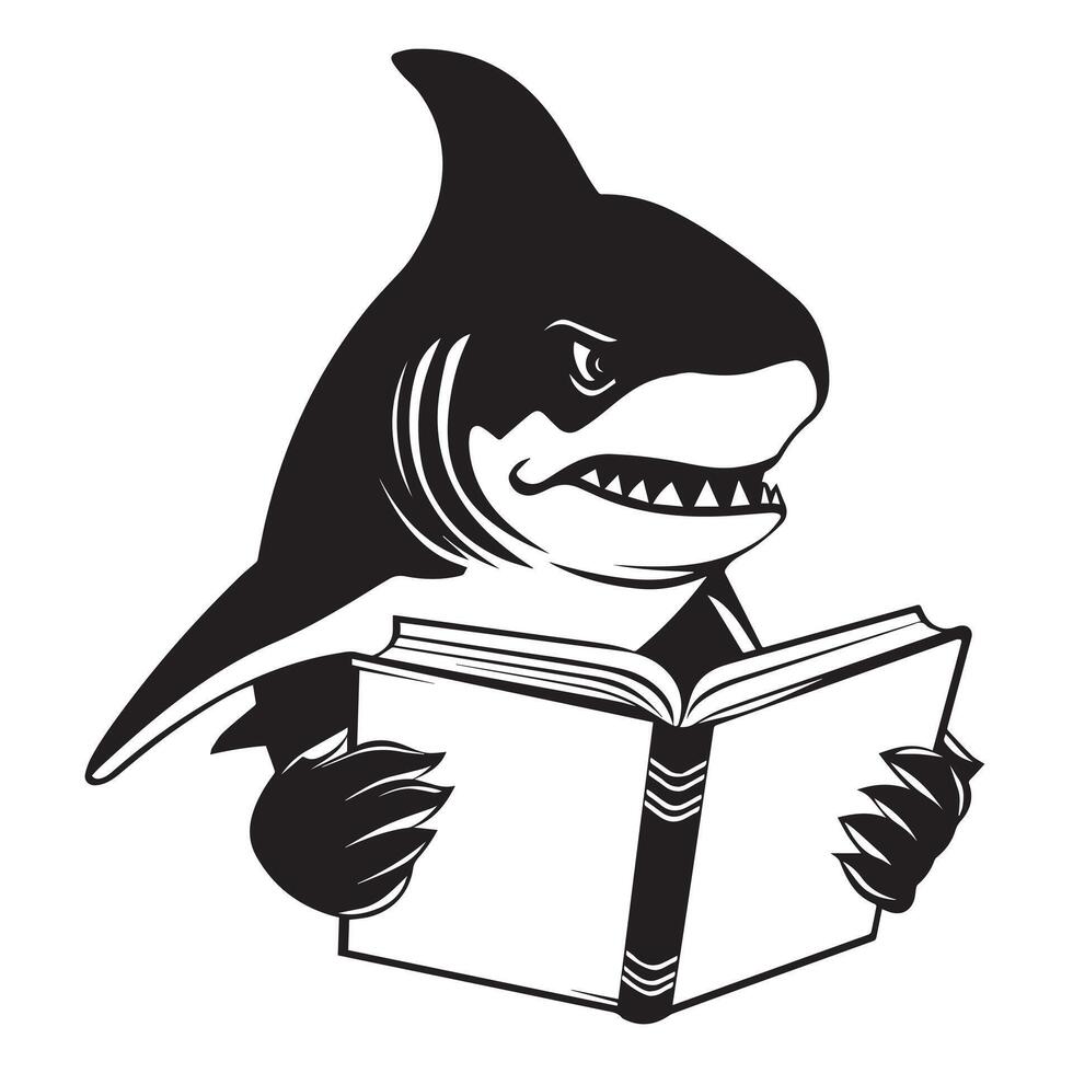 Shark reading a book illustration in black and white vector