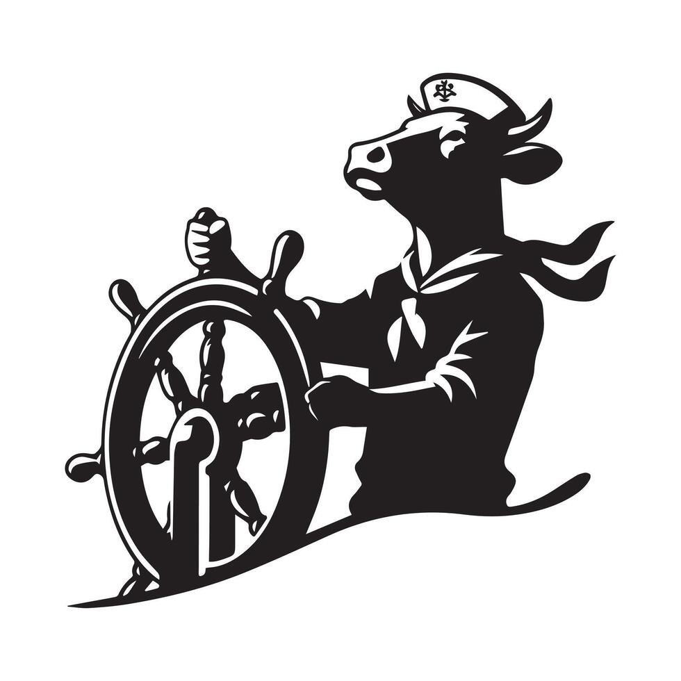 illustration of a Sailor cow at the helm of a boat in black and white vector