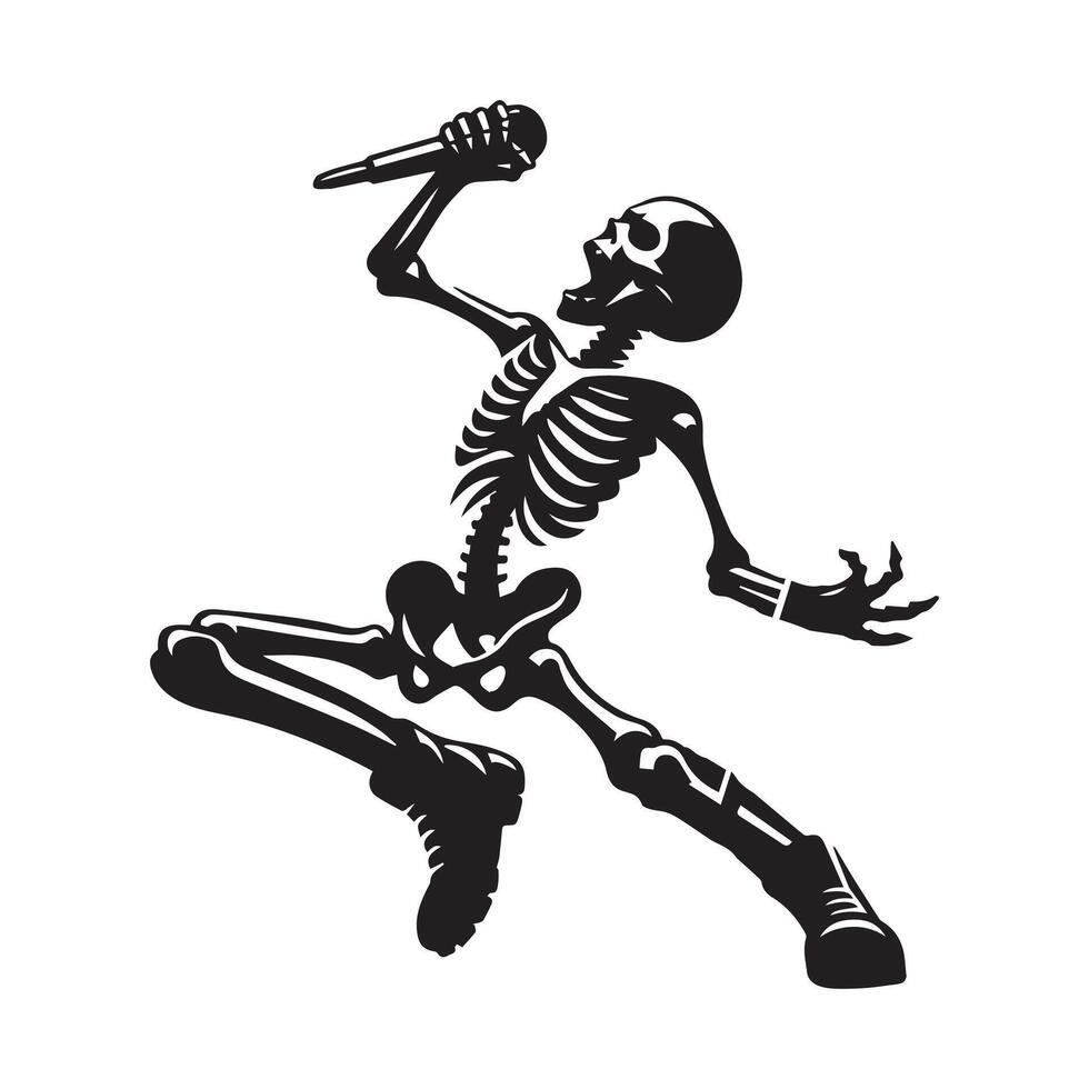 Illustration of a Rock star skeleton with a microphone in black and white vector